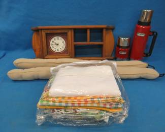 Lot 338. Stanley thermos set, linens, and more