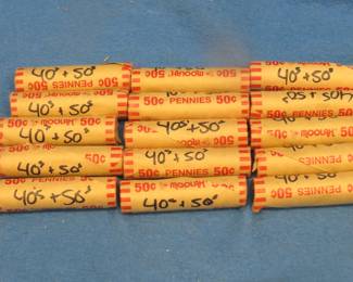 Lot 423. 5 rolls of 50 wheat pennies (750) total) marked "40's and 50's" by the seller.