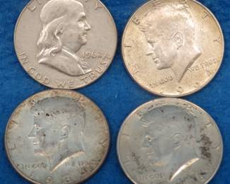 Lot 182. Three silver 1964 Kennedy Half Dollars and one Silver Franklin Half Dollar