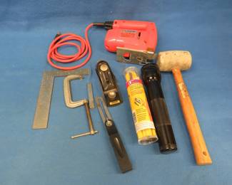 Lot 392. Stanley plane and square, jig saw, carpenter's pencils, and more