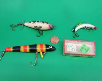 Lot 76. Cotton Cordell 4" Walking Stick, South Bend 2 1/2" Spin-I-Deedee, and a 2" Lazy Ike in the box marked RL-I