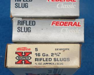Lot 438. Two boxes of 5 each Federal and one box of Western 12-Ga. Rifled Deer Slugs