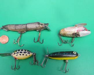 Lot 184. Four vintage baits: Vamp Spook, Crazy Crawler, Arbo-Gaster, and a Torpedo