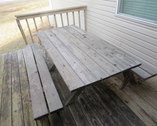 Lot 214. Picnic table and two benches in very good condition 60"W x 28"H x 33"D