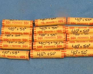 Lot 422. 5 rolls of 50 wheat pennies (750) total) marked "40's and 50's" by the seller.