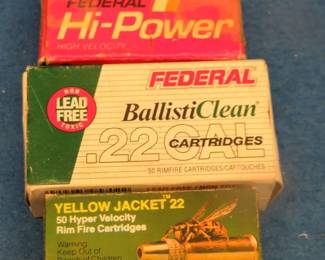Lot 439. Three boxes of 50 each (150 total) .22 cal. : Remington Yellow Jacket, Federal Hi-Power, and Federal BallistiClean rounds