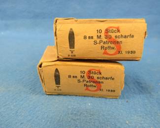 Lot 138. WW2 German 8mm ammo in original boxes. Dated 1938. Includes waffenamt stamp. Two boxes of 10 each with stripper clips.