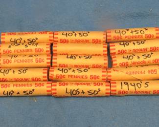 Lot 424. 5 rolls of 50 wheat pennies (750) total) marked "40's and 50's" by the seller.