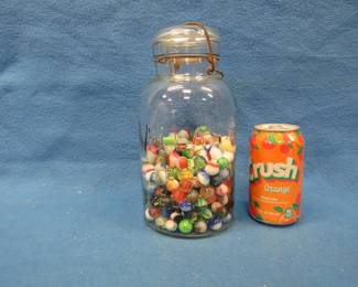 Lot 113. Marbles in a glass top canning jar