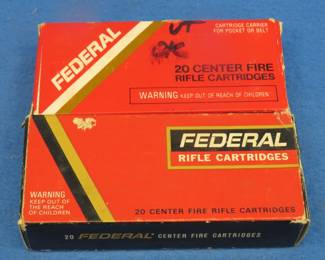 Lot 44. Two boxes of 20 each, 40 total, Federal 30-30 rounds. One box flap has handwriting on the flap. May be reloads. We don't know. AS IS