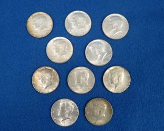Lot 465. Ten 1964 Kennedy half dollars. 90% silver.