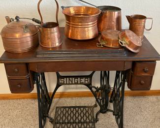 Vtg copper pots, another Singer sewing machine