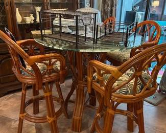 Rattan w/etched glass top pub set. Like new condition