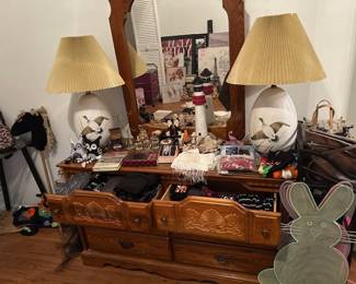 Ethan Allen Mallard Duck Lamps, perfume bottles, nice wood dresser w/mirror and miscellaneous.
