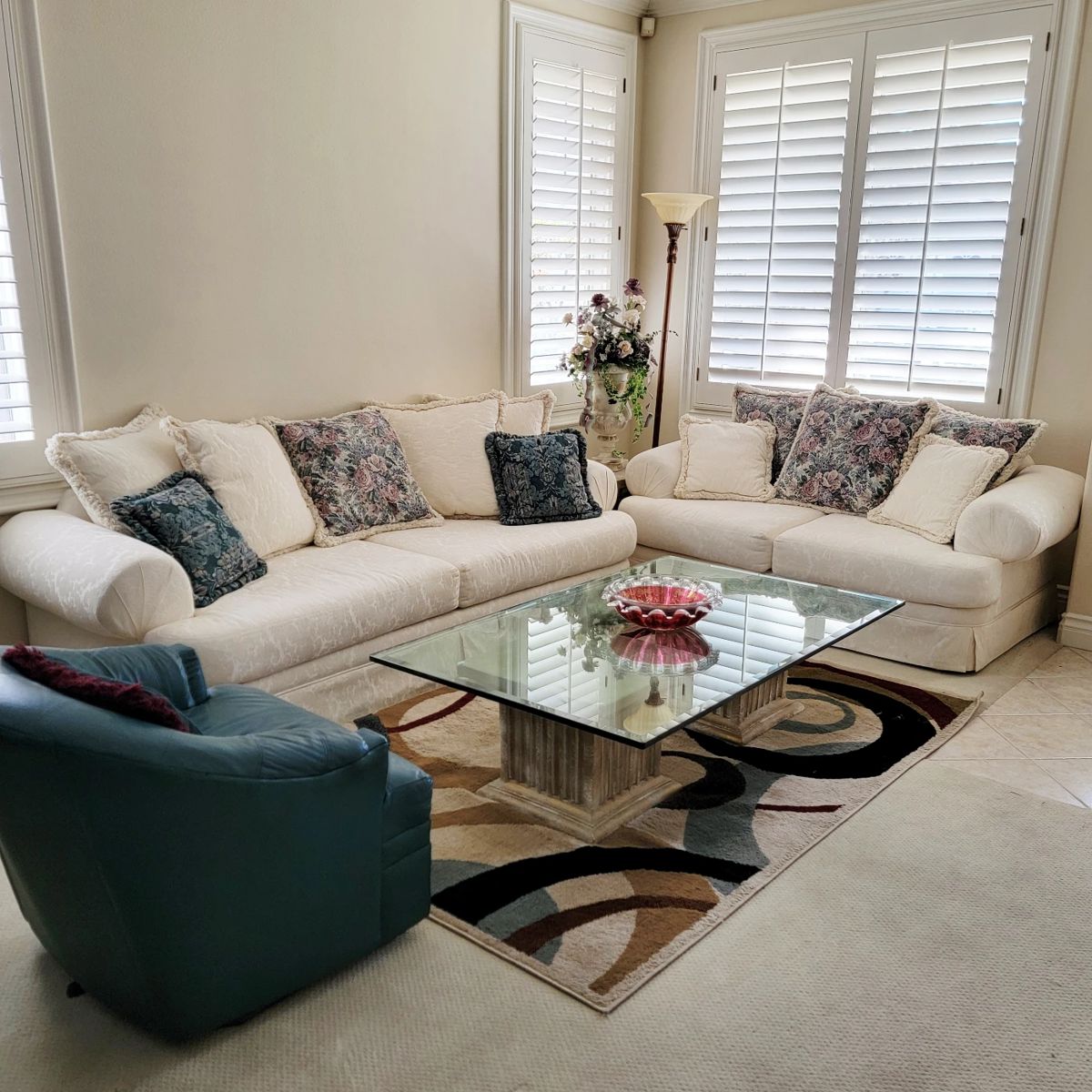 Comfy soft & love seat, glass top coffee table, leather club chair, home decor