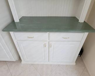 Country inspired buffet hutch, white wood with stone countertop