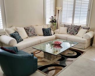 Comfy soft & love seat, glass top coffee table, leather club chair, home decor