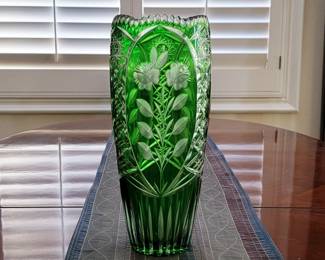 Bohemian cut crystal Emerald Green tall vase