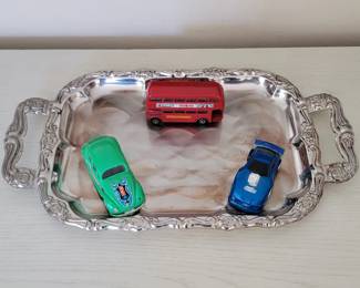 Japanese silver plated tray with vintage toys