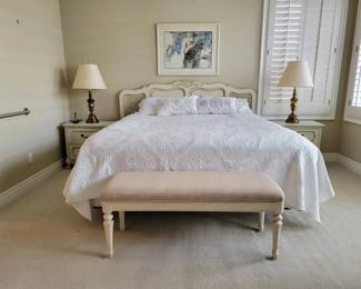 Master bedroom set, King bed, nightstands, vintage brass lamps, signed Asian artwork, bench