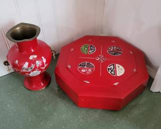 Vintage Asian red enamel vase and box with inlaid mother of pearl