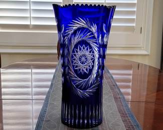 Bohemian cut crystal Cobalt Blue tall vase