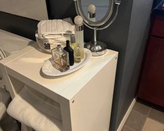 Makeup mirror, storage shelf