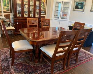 Dining table with eight chairs, two captains. Shown without leaf inserted. With leaf inserted the table is 85 inches long and 44 inches wide. Excellent condition $695.