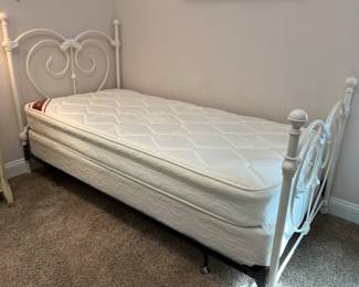 White rod, iron, twin bed, high quality, excellent condition. Headboard, footboard and rails $275 each twin mattress and boxspring $95 each set.