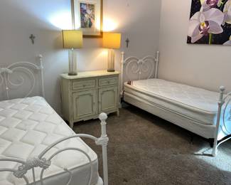 White rod, iron, twin bed, high quality, excellent condition. Headboard, footboard and rails $275 each twin mattress and boxspring $95 each set.
Lamps $95 for the pair
Hagerty's cream colored sideboard/buffet/chest $395