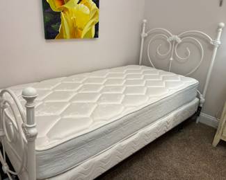 White rod, iron, twin bed, high quality, excellent condition. Headboard, footboard and rails $275 each twin mattress and boxspring $95 each set.