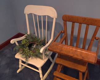 Wood child's rocker and doll highchair