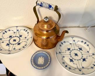 Copper Tea Kettle And Royal Copenhagen Plates