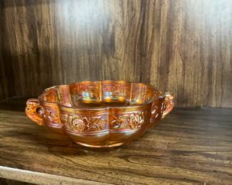 Vintage Aztec Rose marigold Carnival Glass Candy Dish Scalloped edge Handles