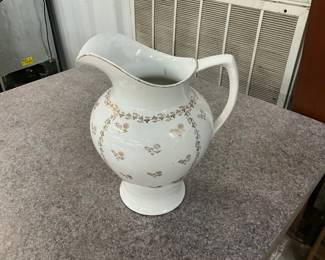 White Ironstone Homer Laughlin Milk or Water Pitcher w/Gold Floral Details