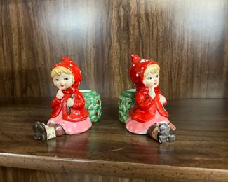 Rare Vintage Left Set of two Red Riding Hood Girl Christmas Candle Holders 1960s, Bone Chin Japanese
