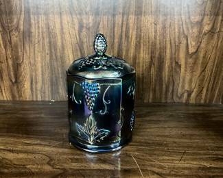Indiana Glass Blue Iridescent Carnival Glass Grape Design Canister