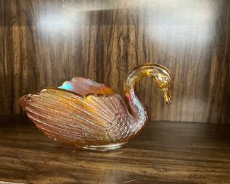 Large Open Swan 9.25" Imperial Marigold Carnival Glass, ca 1970s