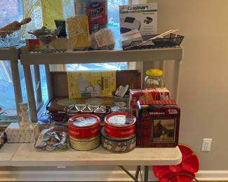 Tins, vintage electric 3 burner warmer in original box, 3 pc buffet server, Cuisinart pizzole press, shop towels & miscellaneous .