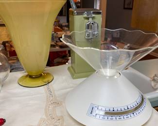 Kitchen - large yellow vase, can opener, scale