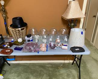 Miscellaneous glass items, basket, small makeup bags, purple lights, ashtrays, and more!