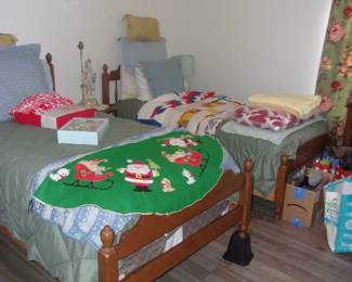 Pair Twin Beds, vintage Xmas tree skirt, etc