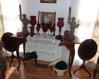 Sofa Table, Red Glassware, etc