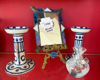 Dansk Arabesque Candlestick Pair, Signed Macdonald Stained Glass Mirror