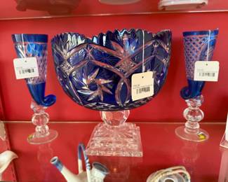 Avitra Blue Crystal Footed Vase, Cut Crystal Liqueur Glass (A), Cut Crystal Liqueur Glass (B)