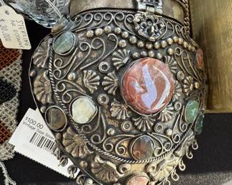 Vintage Sajai Silver Tone Stone Purse