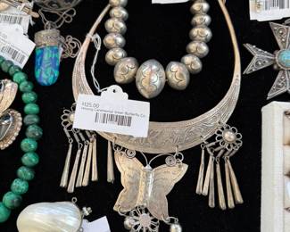 950 Mexican Sterling Bracelet, Sea Shell Locket Pendant, Pyrite Clasp Bracelet, Hmong Ceremonial Silver Butterfly Collar