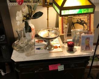 Victorian walnut marble top washstand $27 and Mission slag glass lamp, (purchased in Pennsylvania) need TLC.