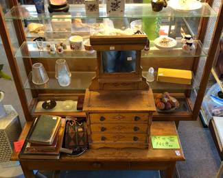 1950's counter top display case and 1890's Salesman Sample of a Eastlake dresser