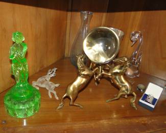 Uranium glass deco figure, horses holding sphere